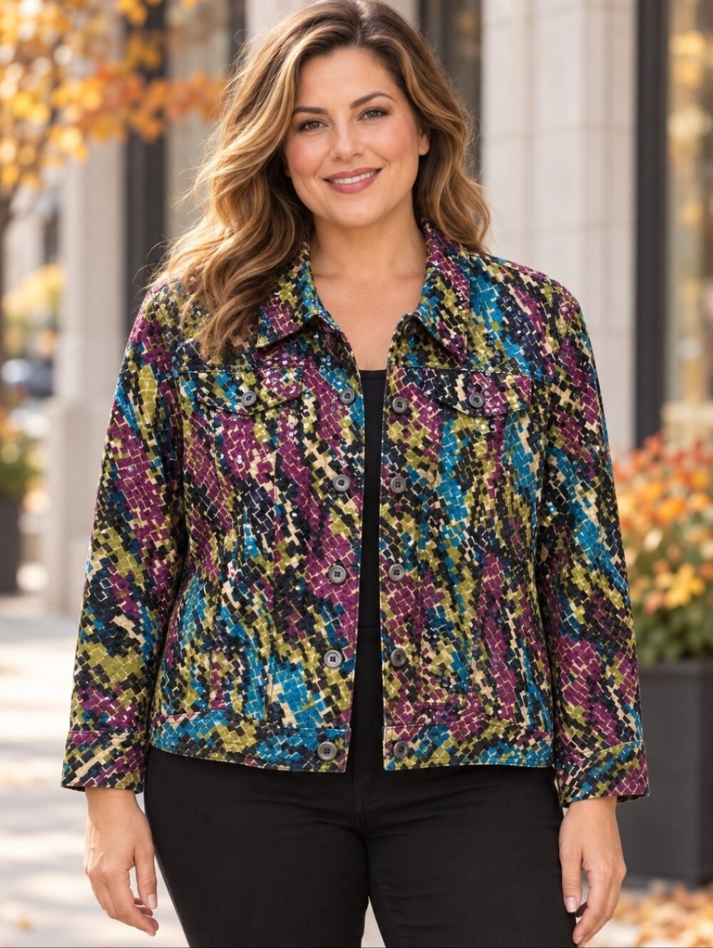 Ruby Rd Multicolor Abstract Sequin Button Front Jacket Women’s 16 Artsy Y2K